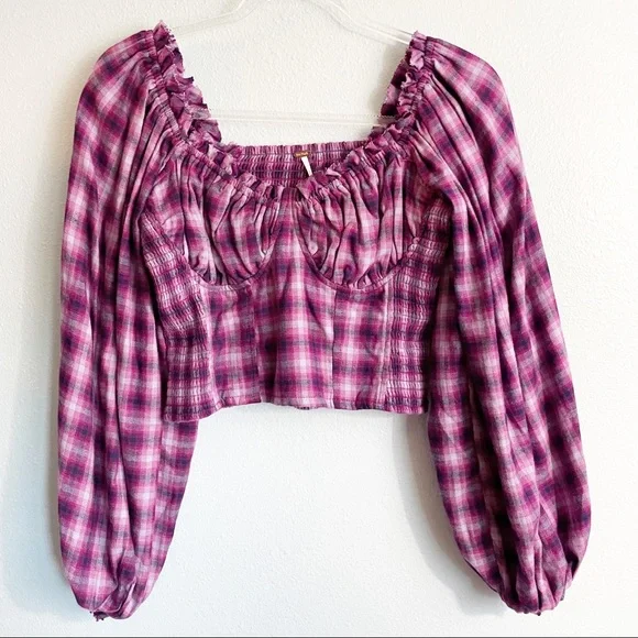 Free People Cherry Bomb Plaid Top Balloon Sleeve - Picture 3 of 10